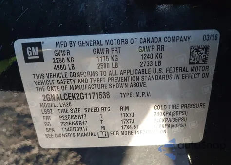 2016 Chevrolet Equinox Lt z USA, uszkodzony, nr VIN 2GNALCEK2G1171538